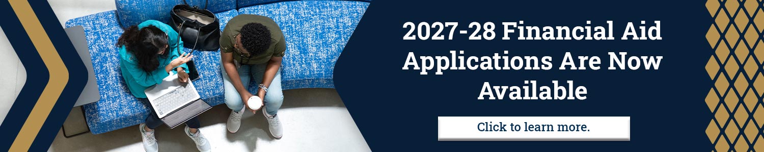 A banner linking to info on 2027-2028 financial aid applications.