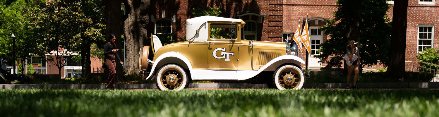 The Ramblin’ Wreck, Georgia Tech’s Ford Model A Sport coupe drives on Tech’s historic campus in Atlanta, Georgia.