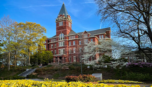 Tech Tower and the surrounding landscape on Georgia Tech’s campus in Atlanta, Georgia.